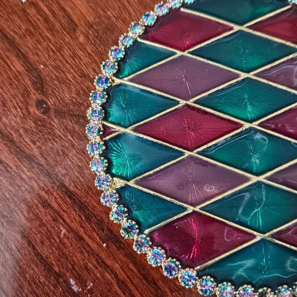 RARE JAY STRONGWATER PLAID ARGYLE HARLEQUIN CRYSTAL ENAMEL BAR DRINK COASTER